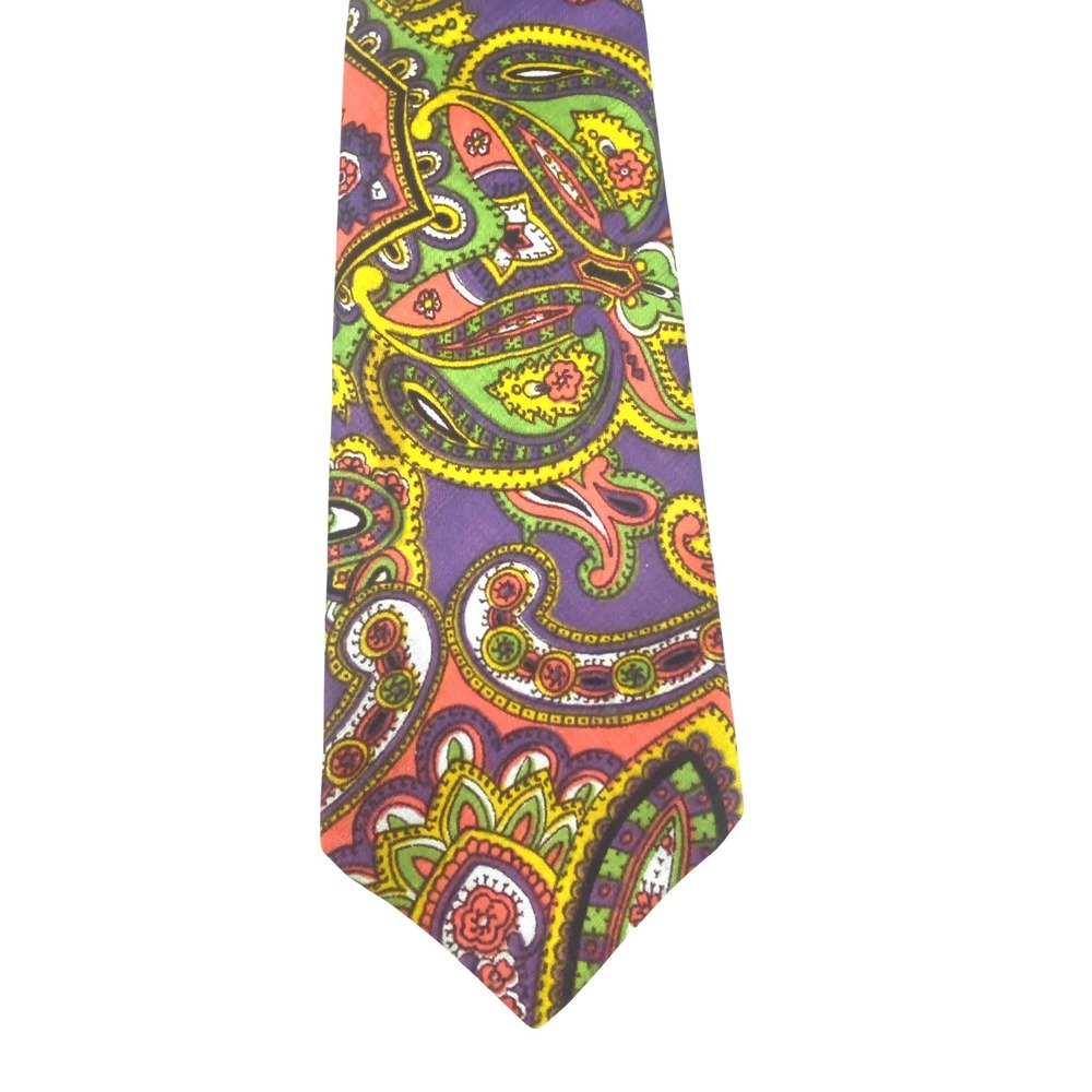 Unbranded Mens Paisley Tie Purple Green Orange Retro Artsy Boho Silk 58" X 3.5"